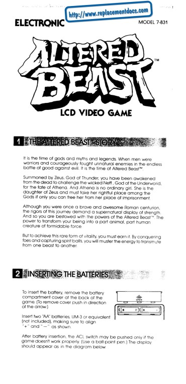 3some Altered Beast (Tiger LCD) Game Manual Cuzinho